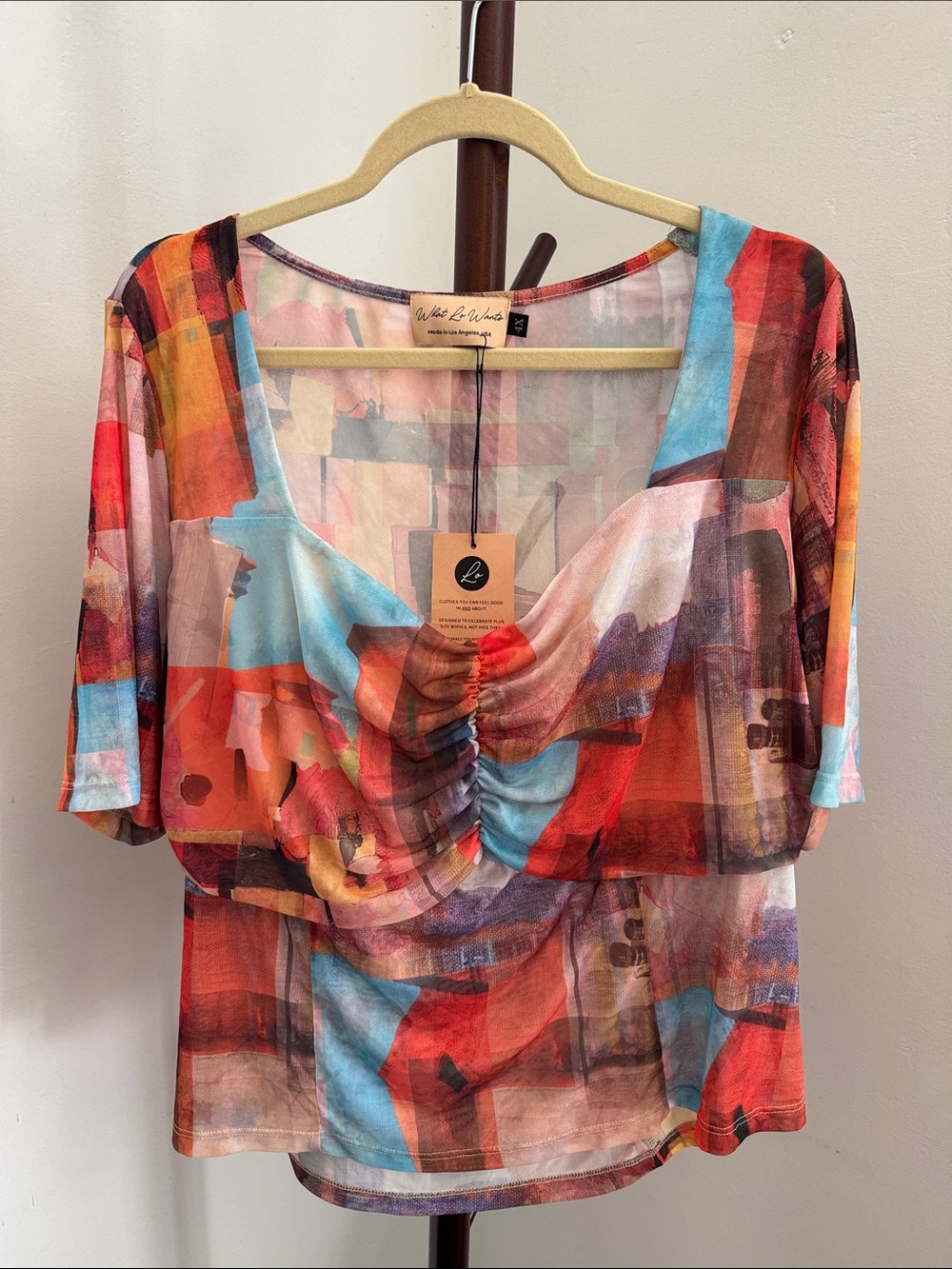 NWT What Lo Wants multicolor abstract sheer stretchy blouse size 4X